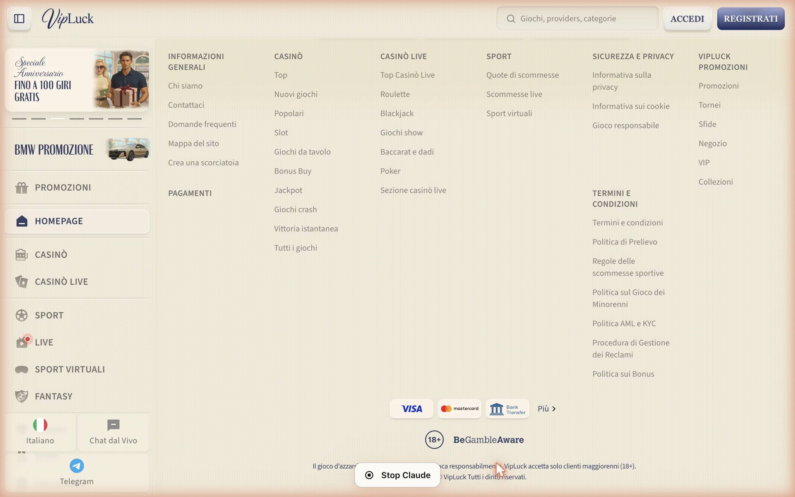 Footer VipLuck – nessun numero di licenza visibile
