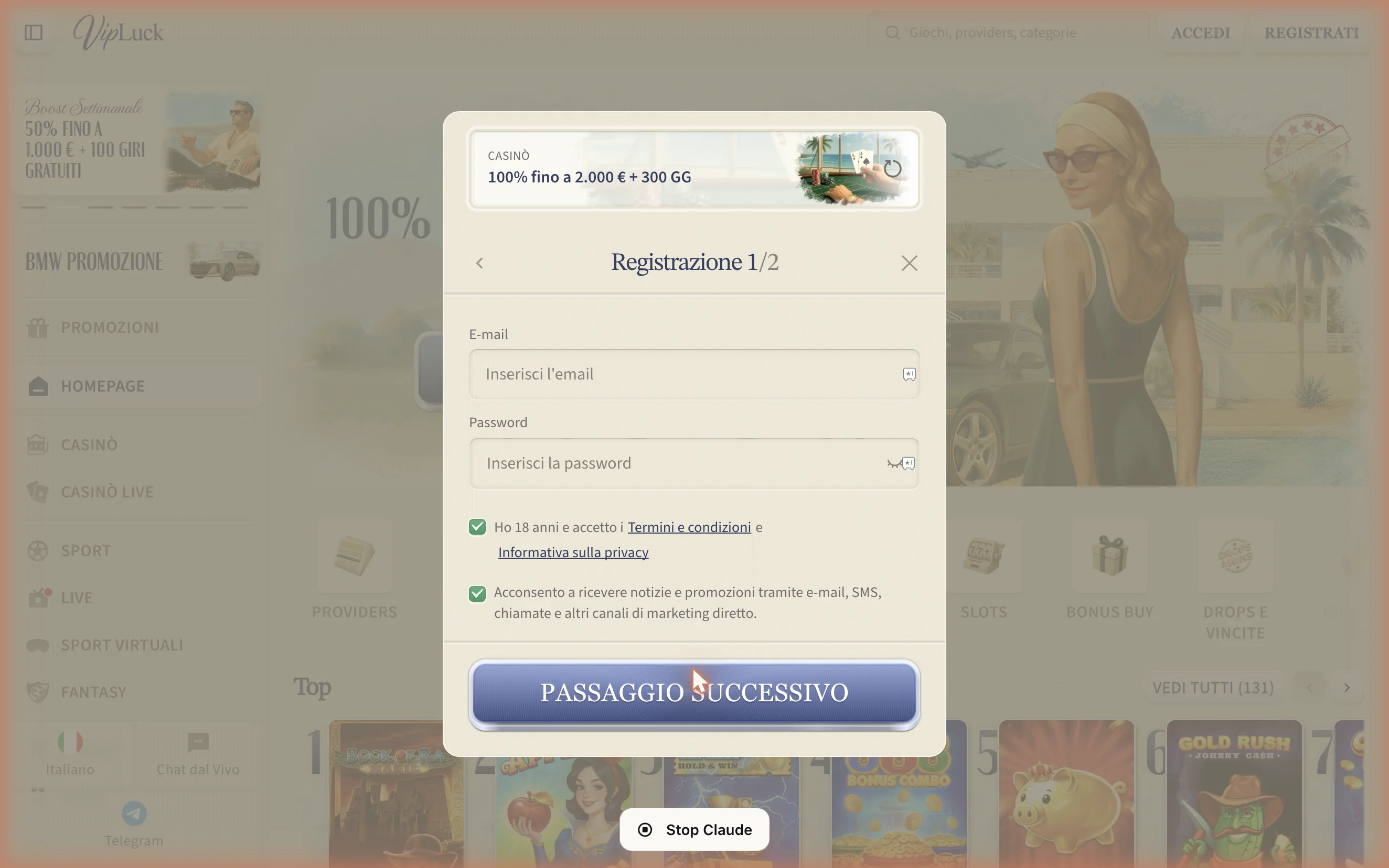 Modulo di registrazione VipLuck – caselle pre-selezionate
