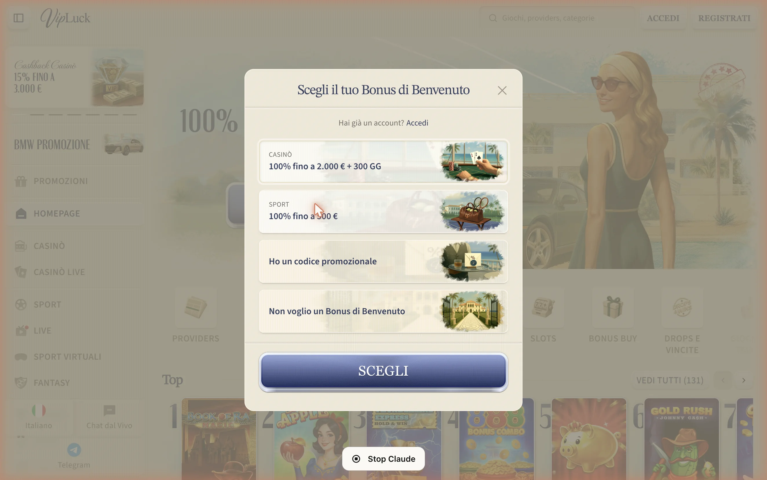 Selezione bonus VipLuck in fase di registrazione