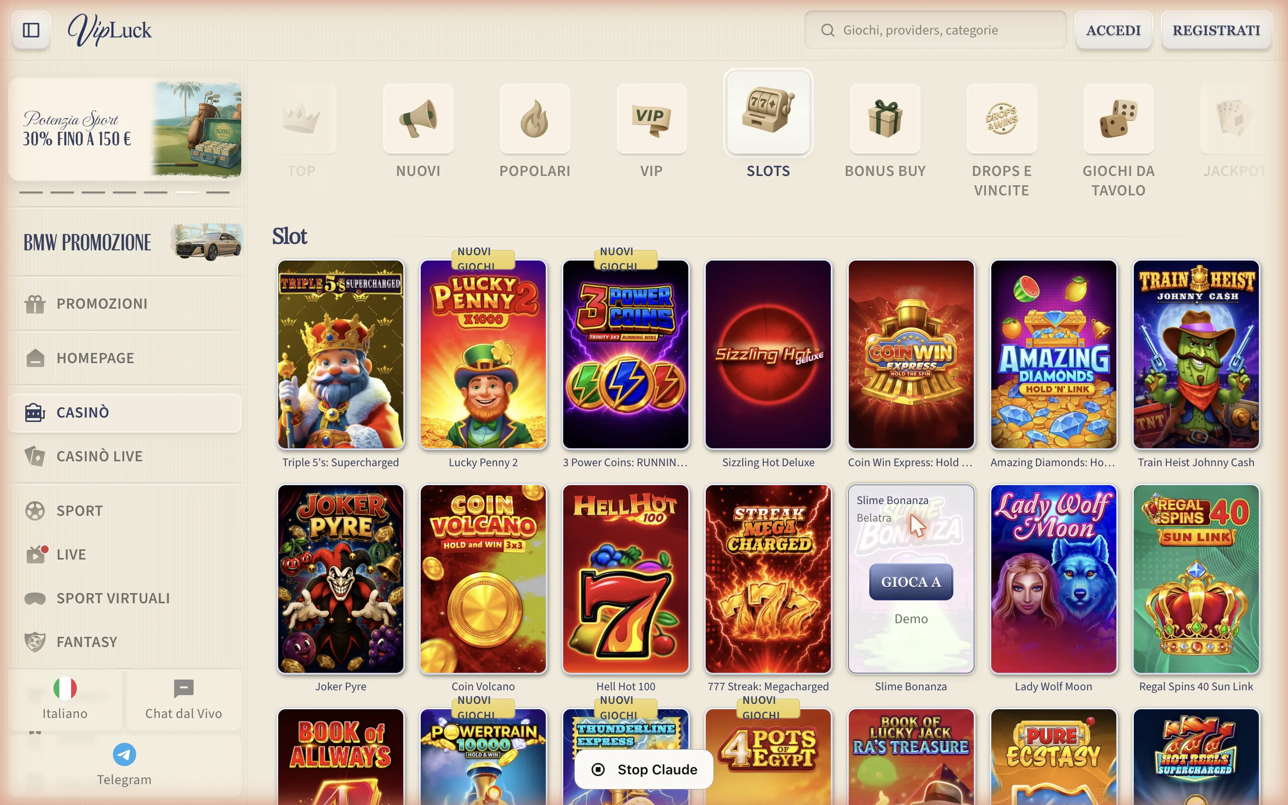 Lobby slot VipLuck con migliaia di titoli