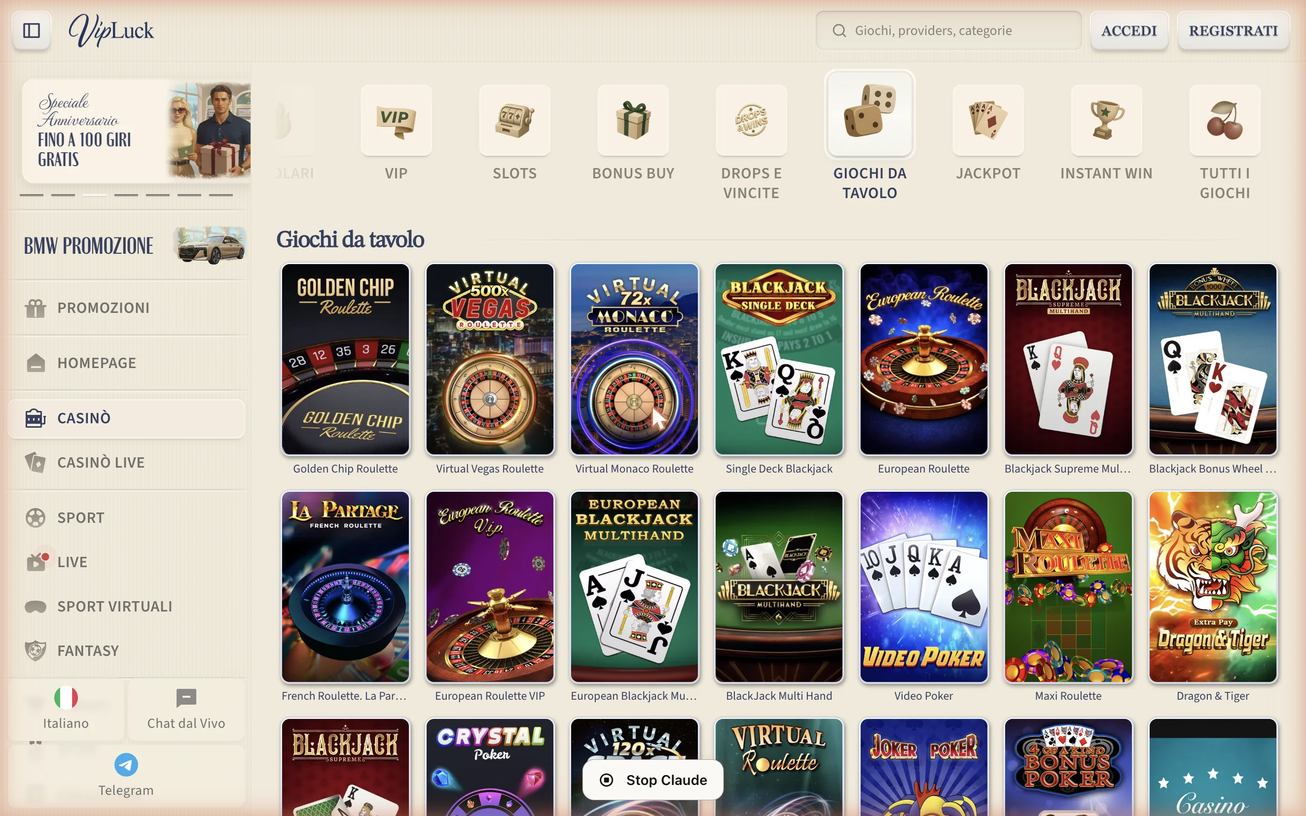 Giochi da tavolo VipLuck – roulette, blackjack, poker