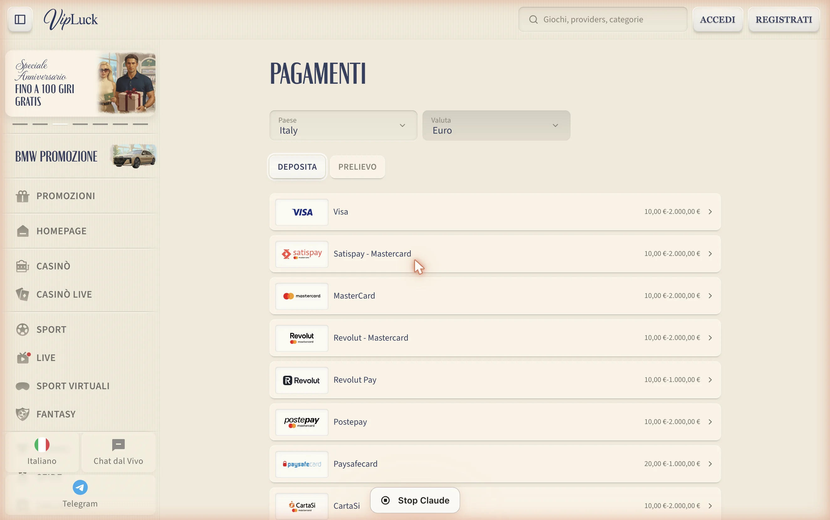 Pagina depositi VipLuck con metodi italiani