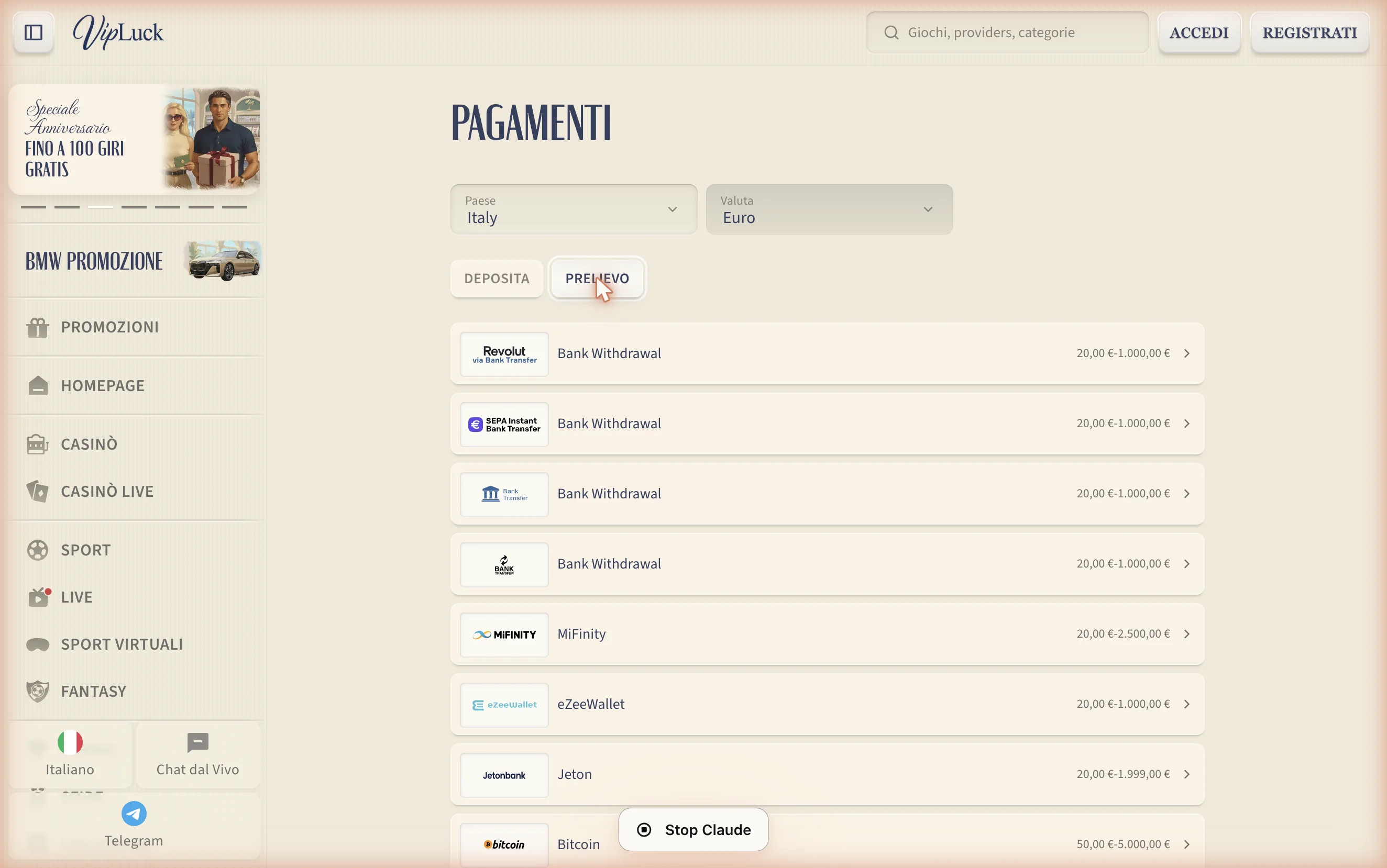 Pagina prelievi VipLuck