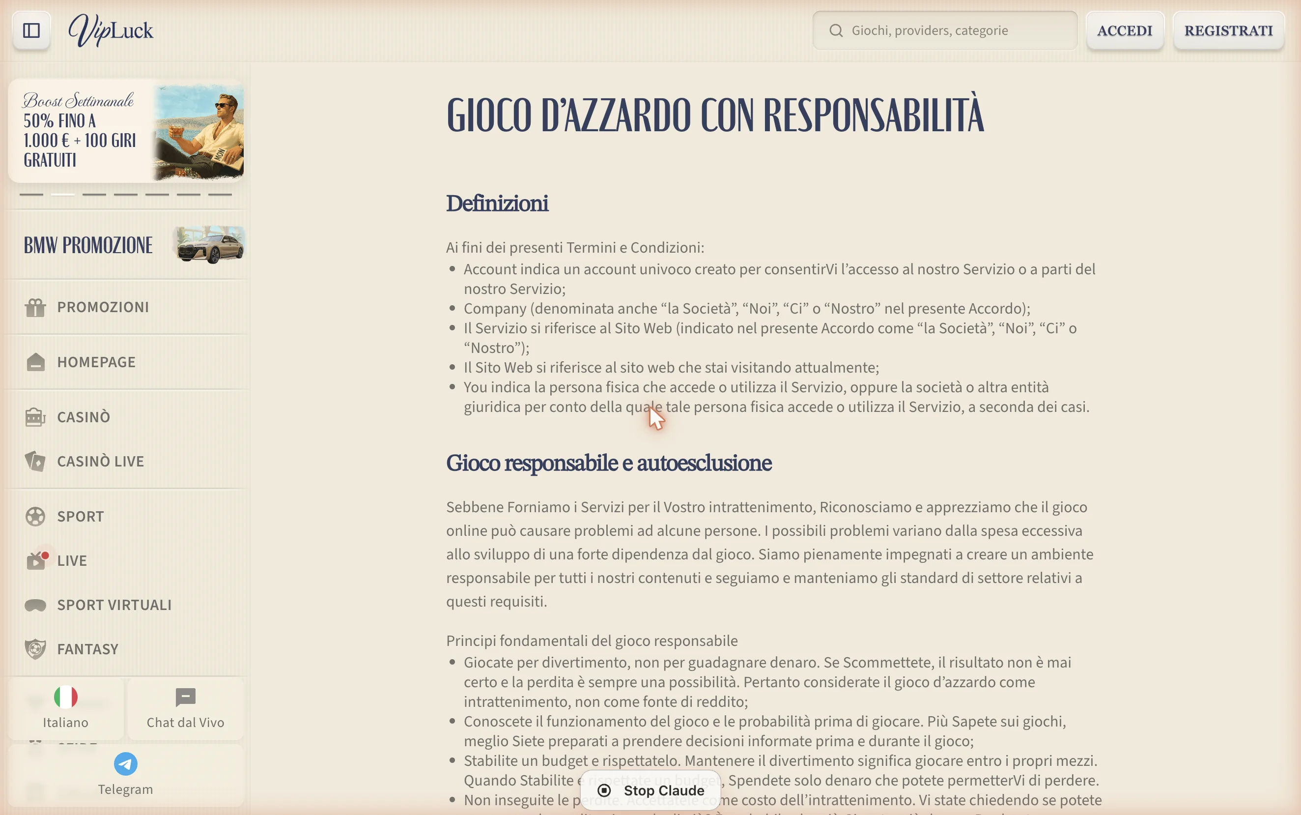 Pagina gioco responsabile VipLuck