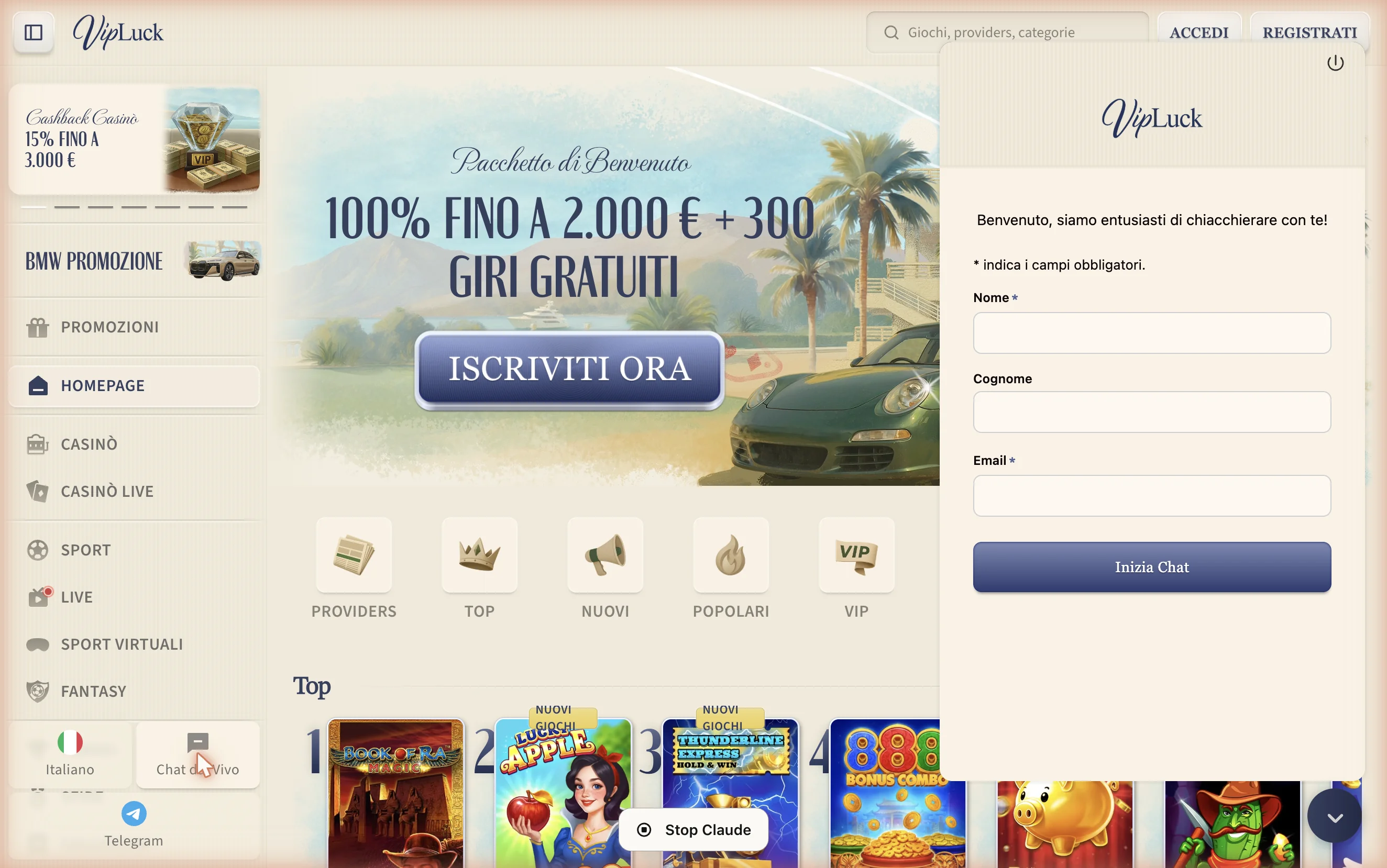 Live chat VipLuck – modulo pre-chat con dati anagrafici